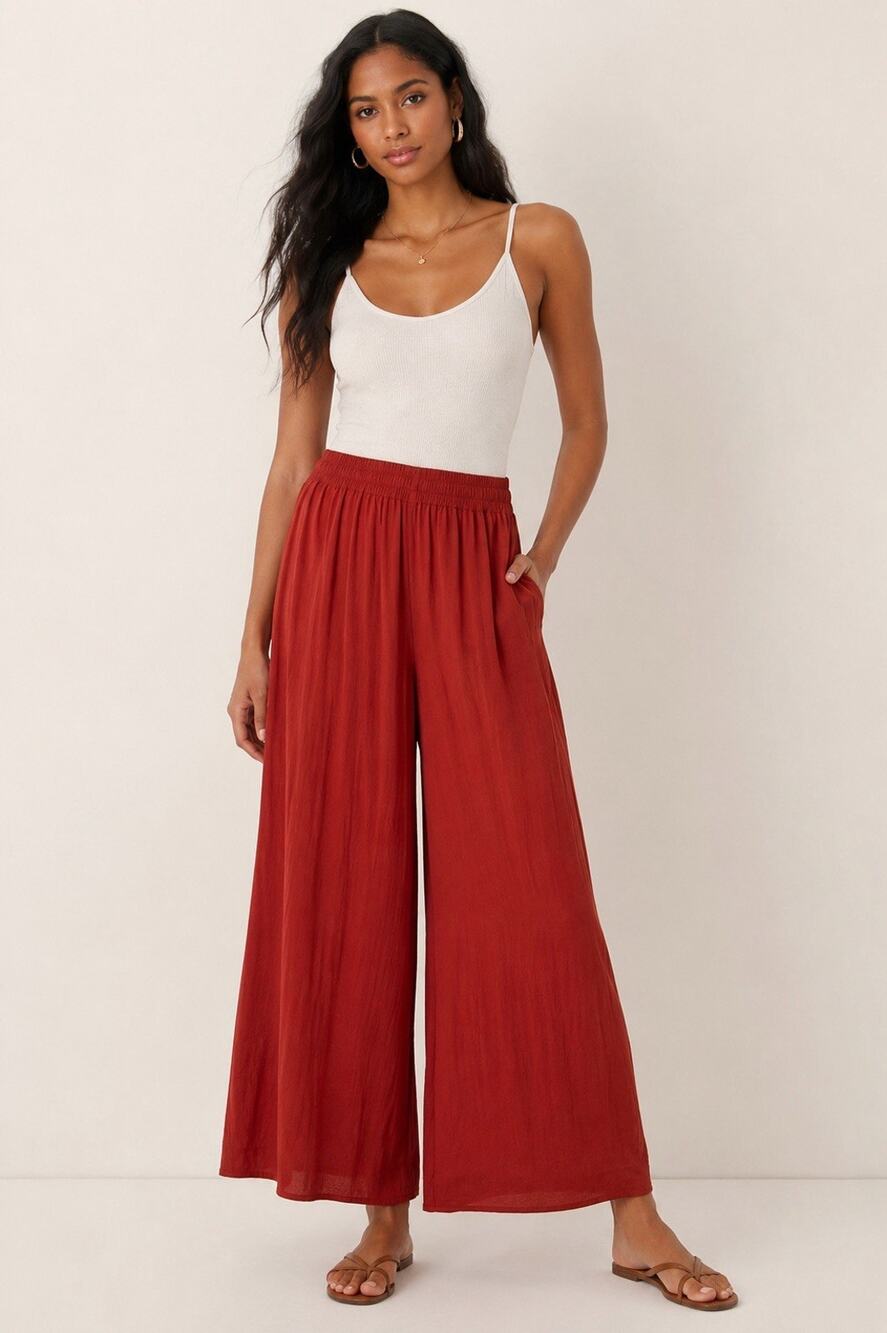 Zara Women’s XS Rust Red Wide Leg Palazzo Crop Pants Pull On Elastic Waist NWT